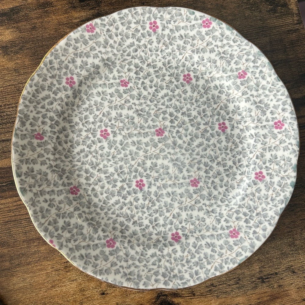 Radfords 8” pink grey chintz crown bone China floral plate gold edge